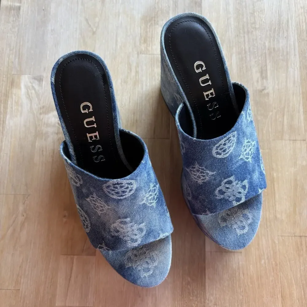 Guess Denim Logo Wedge Mules Women’s 8M Blue Slip On Platform Shoes New - Picture 2 of 10